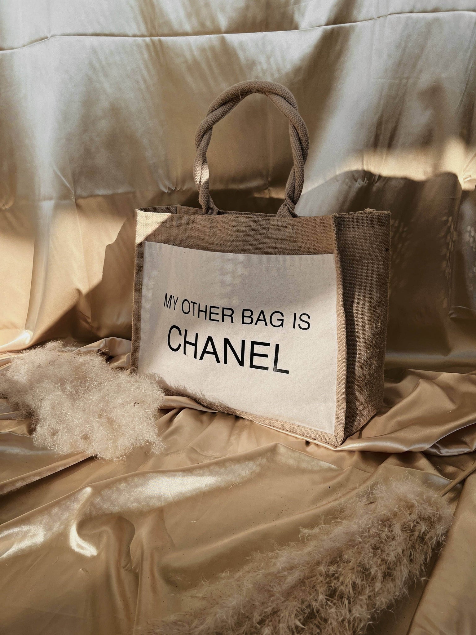My Other Bag is Chanel Pack of 2 Beige as Shopping Bag or Beach Bag 42 x 33  x 19 cm Tote Bag Jute Bags Women's Foldable Fabric Bag with Handles Made